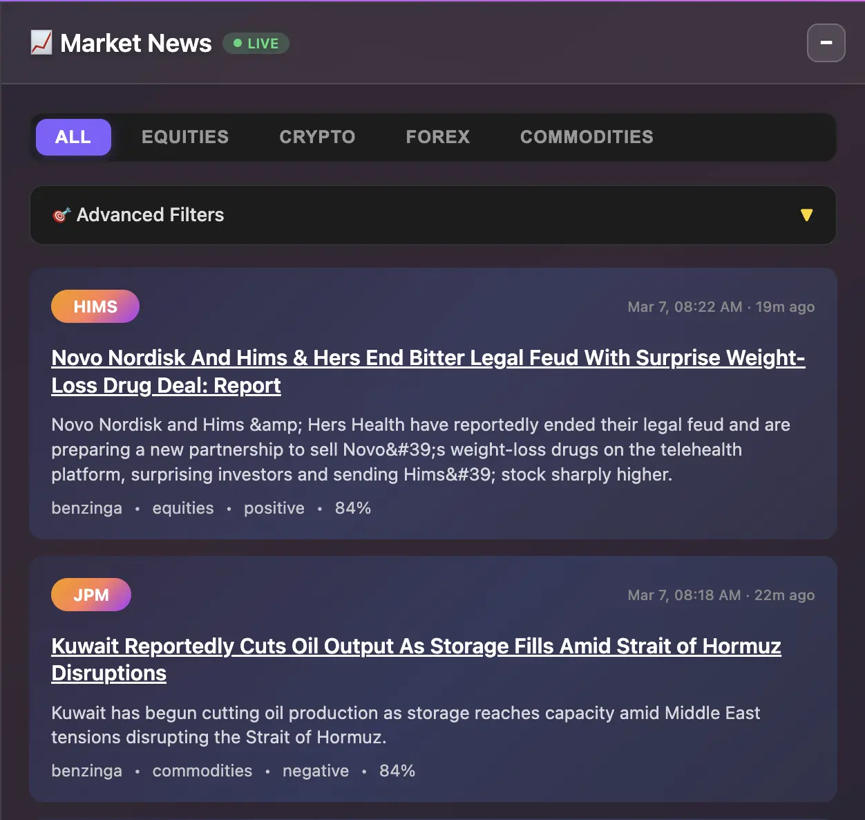 Wealth Labs HiveStation curated market news across stocks