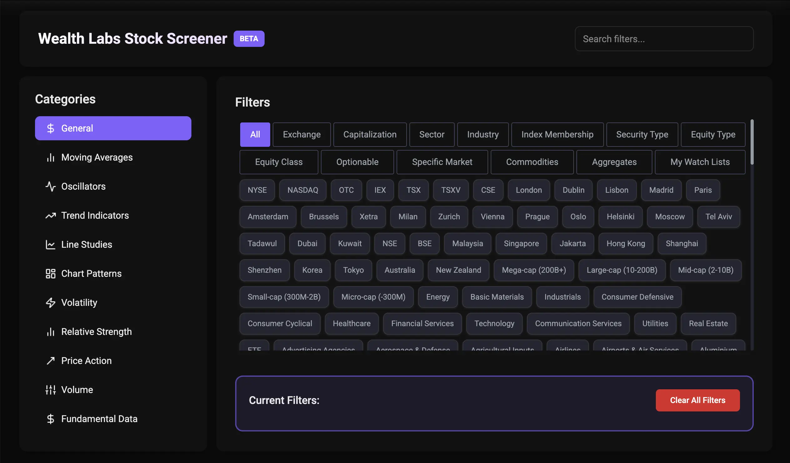 Wealth Labs stock screener with sector and market cap filters